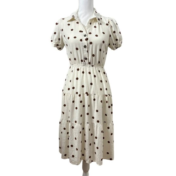 Polka Dot ButtonDown Midi Dress W/ Puff Sleeves & Tiered Skirt Juniors Womens M - Picture 1 of 11